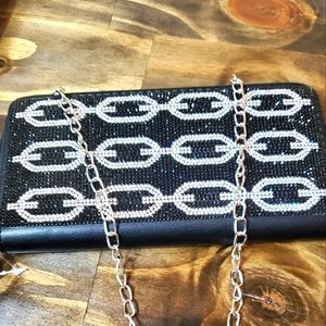 NWOT Mini Cross Body or Clutch Black & Silver Rhinestone w/Silver Chain.